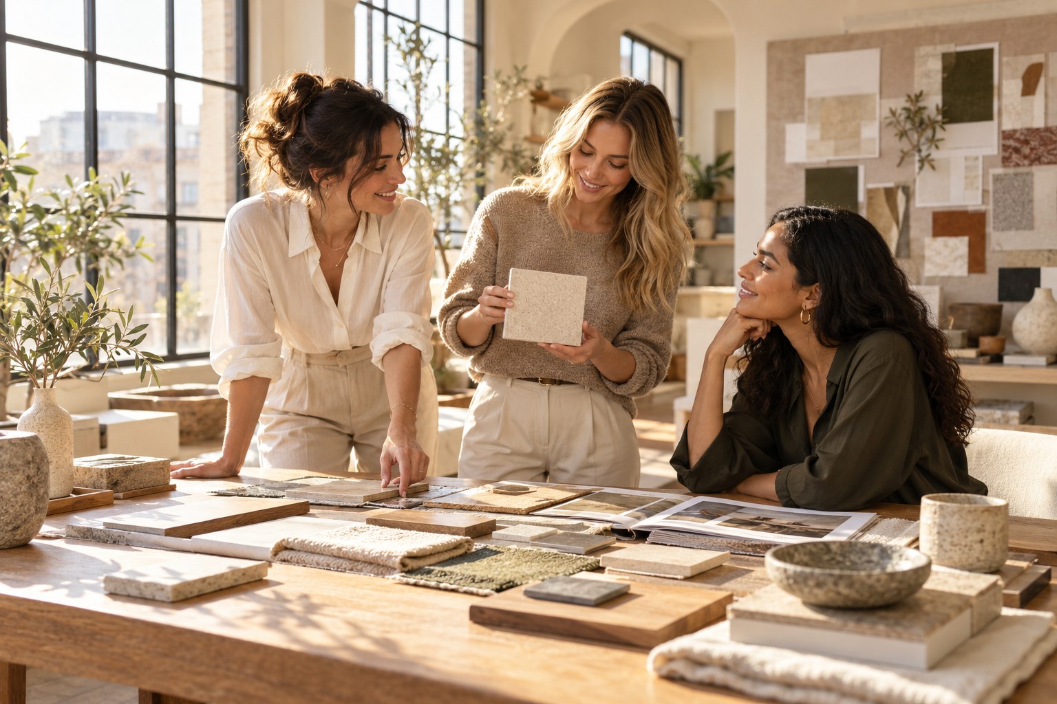 Three adult female creative founders collaborating in a bright design studio